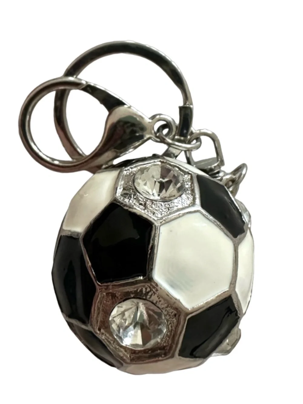 Silver-tone Zinc Alloy Soccer Ball Keychain Purse Charm 6” Black & White Enamel